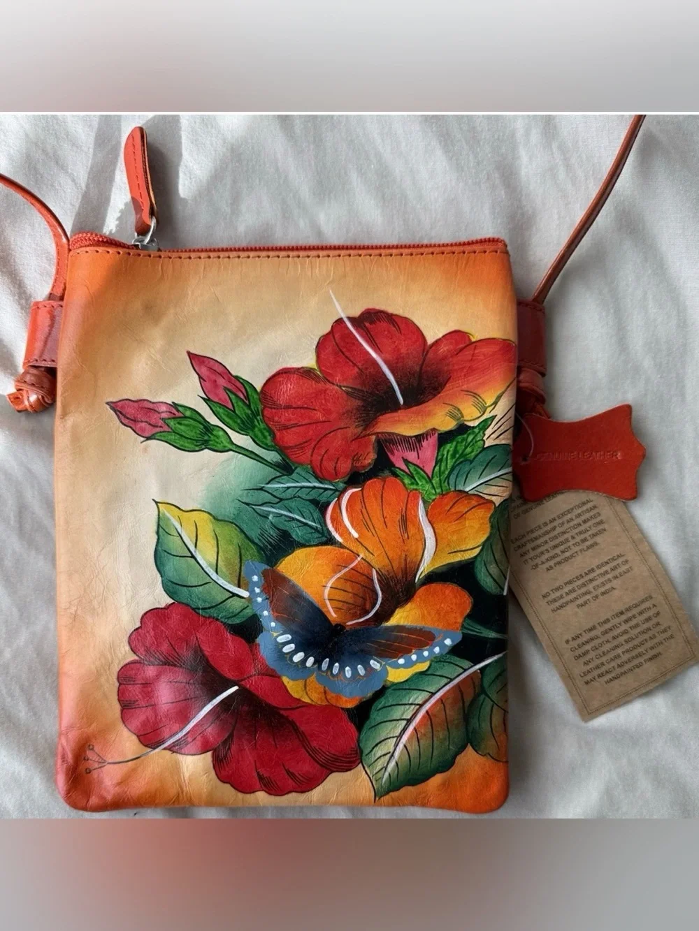 Hand Painted Genuine Leather Crossbody Bag Floral Butterfly Anuschka Style Boho